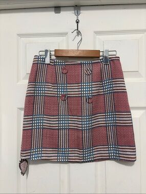NWT Compañia Fantastica Plaid Button-Front Mini Skirt in Rose Pink